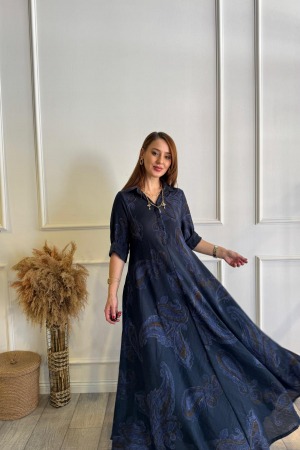Lacivert Desenli Elbise